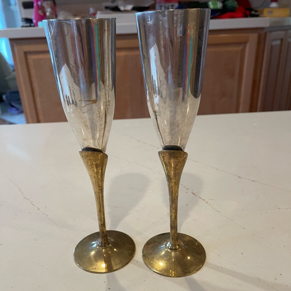 Vintage Two Tone Gold and Silver Brass  Champagne Flutes‎ By Maurice Duchin Inc